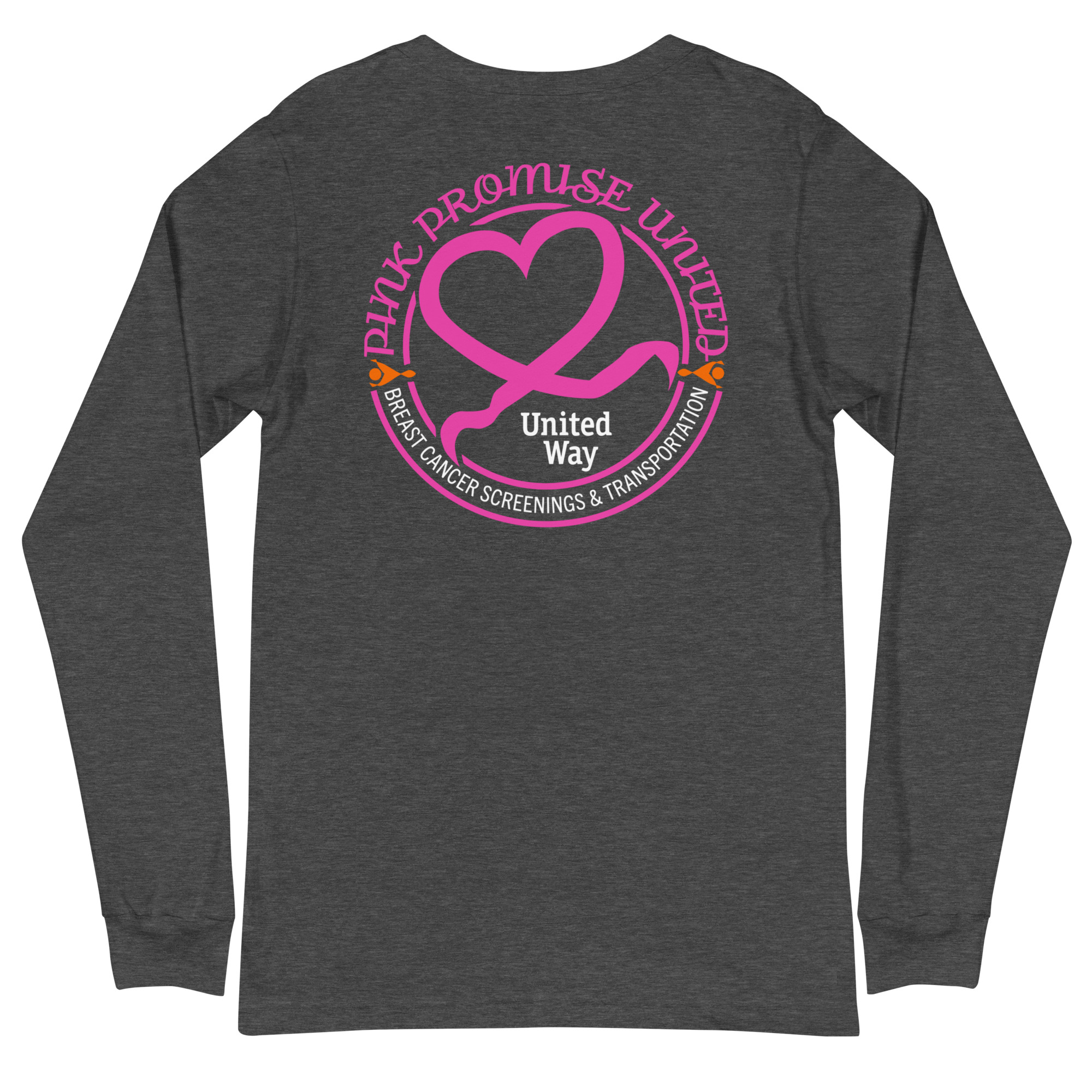 Back of long sleeve heather gray Bella-style T-shirt "Pink Promise United - Breast Cancer Screenings & Transportation United Way"