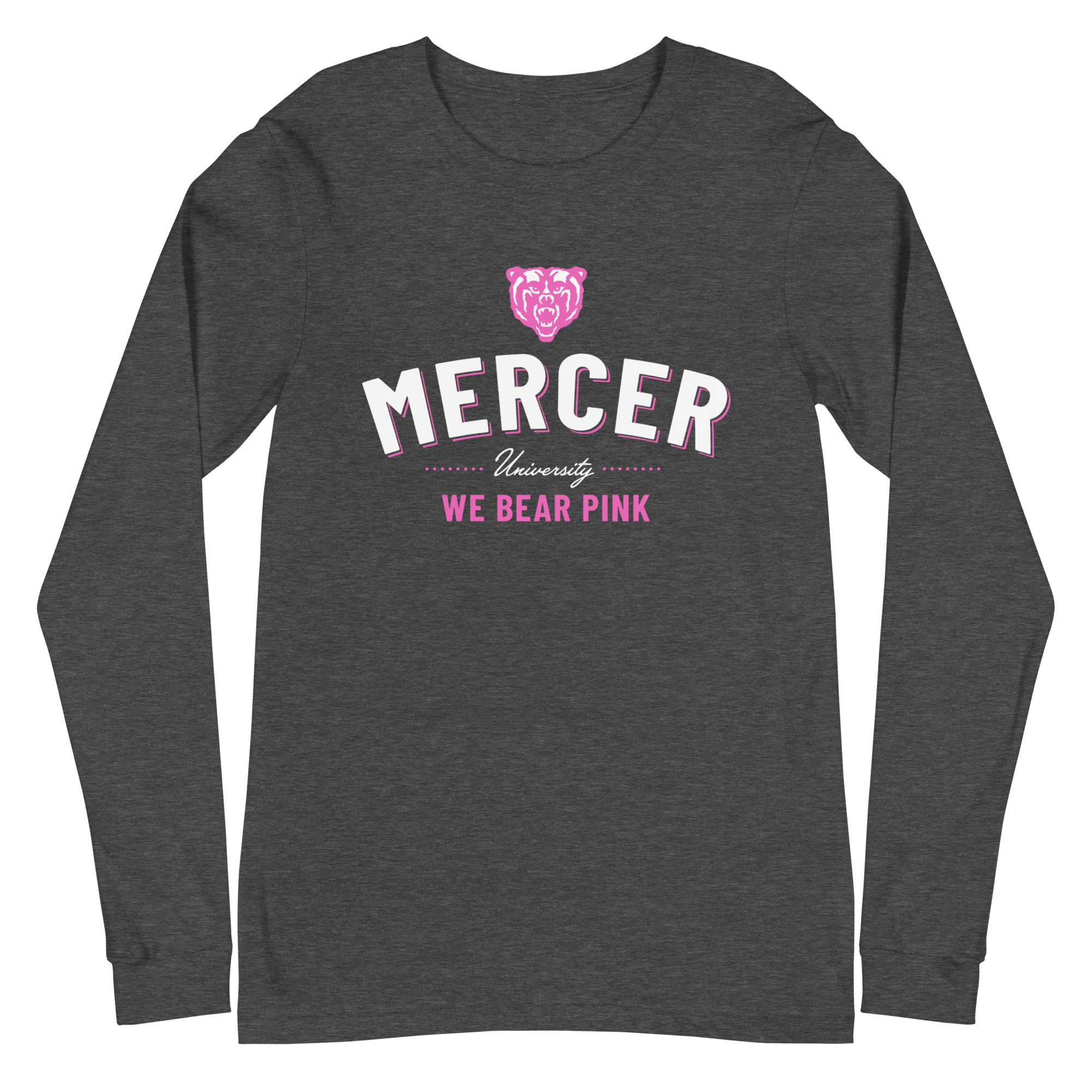 unisex-long-sleeve-tee-dark-grey-heather-front-6352b5ad95c12.jpg Front of long sleeve heather gray Bella-style T-shirt "Mercer University We Bear Pink" with a pink Bear head