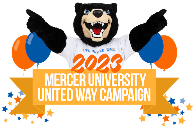 "2023 Mercer University United Way Campaign" in a ribbon with Toby in a United Way shirt pointing two fingers to the sky and orange and blue balloons